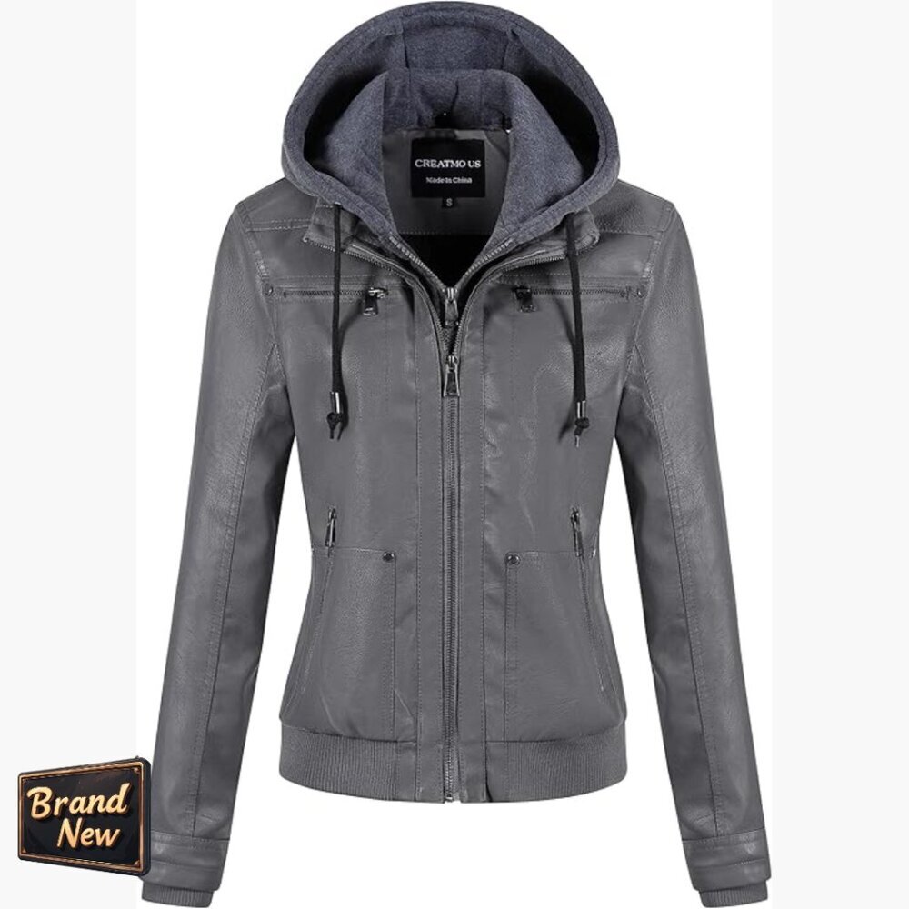 Faux Leather Bomber Jacket With Removable Hood, Waterproof, 5 Pockets